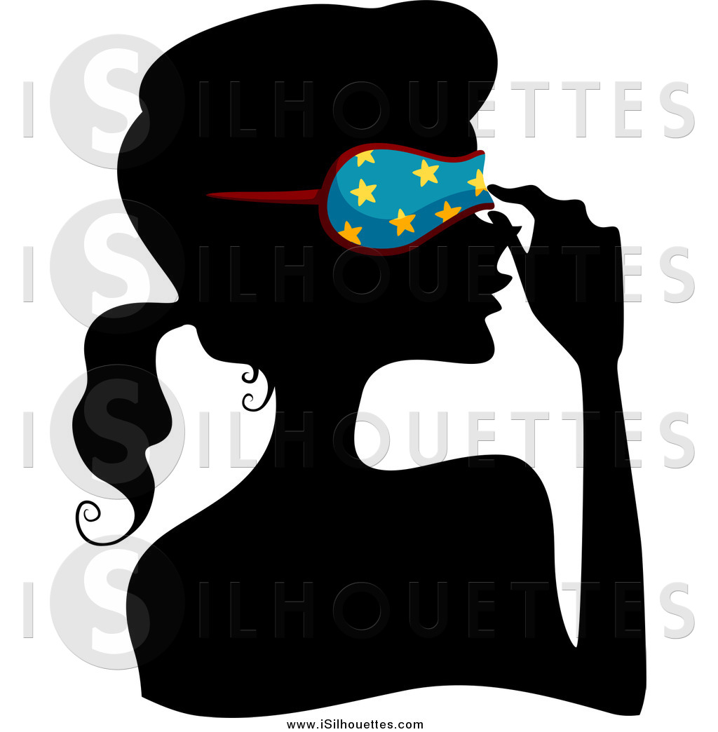   Clipart Of A Silhouetted Woman Adjusting A Blue Starry Sleep Eye    