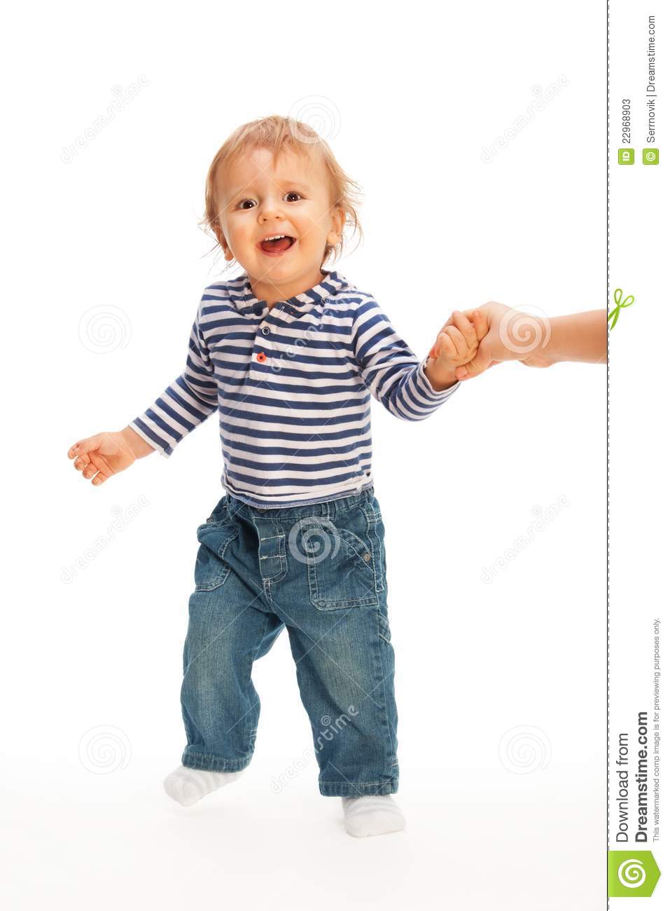 Cute Kid Pulling Parent  S Hand And Smiling With Open Mouth 