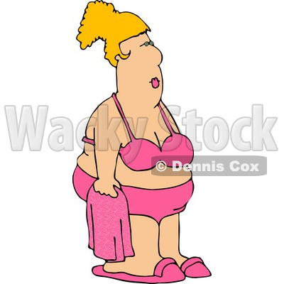 Fat Woman Wearing A Pink Bathing Suit And Holding A Pink Towel Clipart