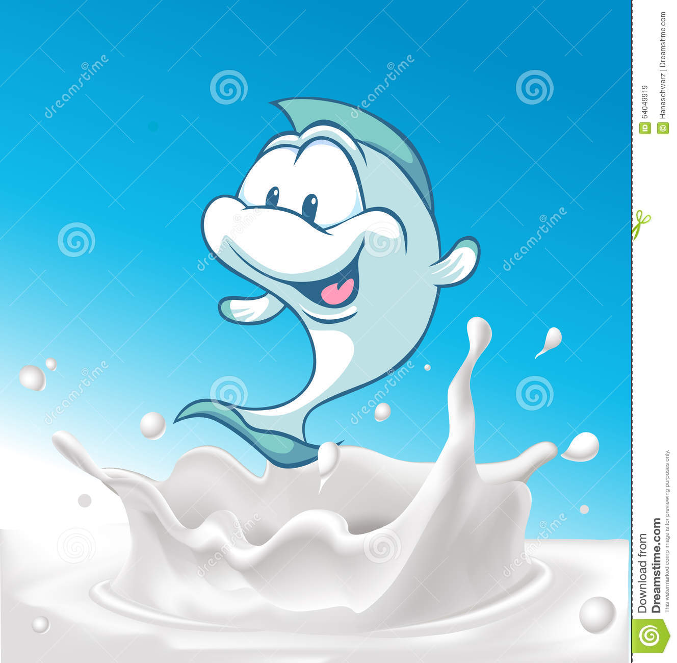 Funny White Fish Splash In Milk On Blue Background   Illustration