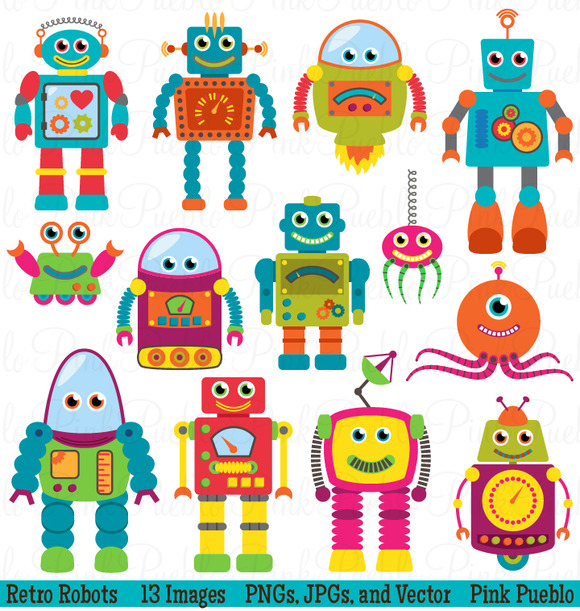 Retro Robots Clipart   Vectors   Illustrations On Creative Market