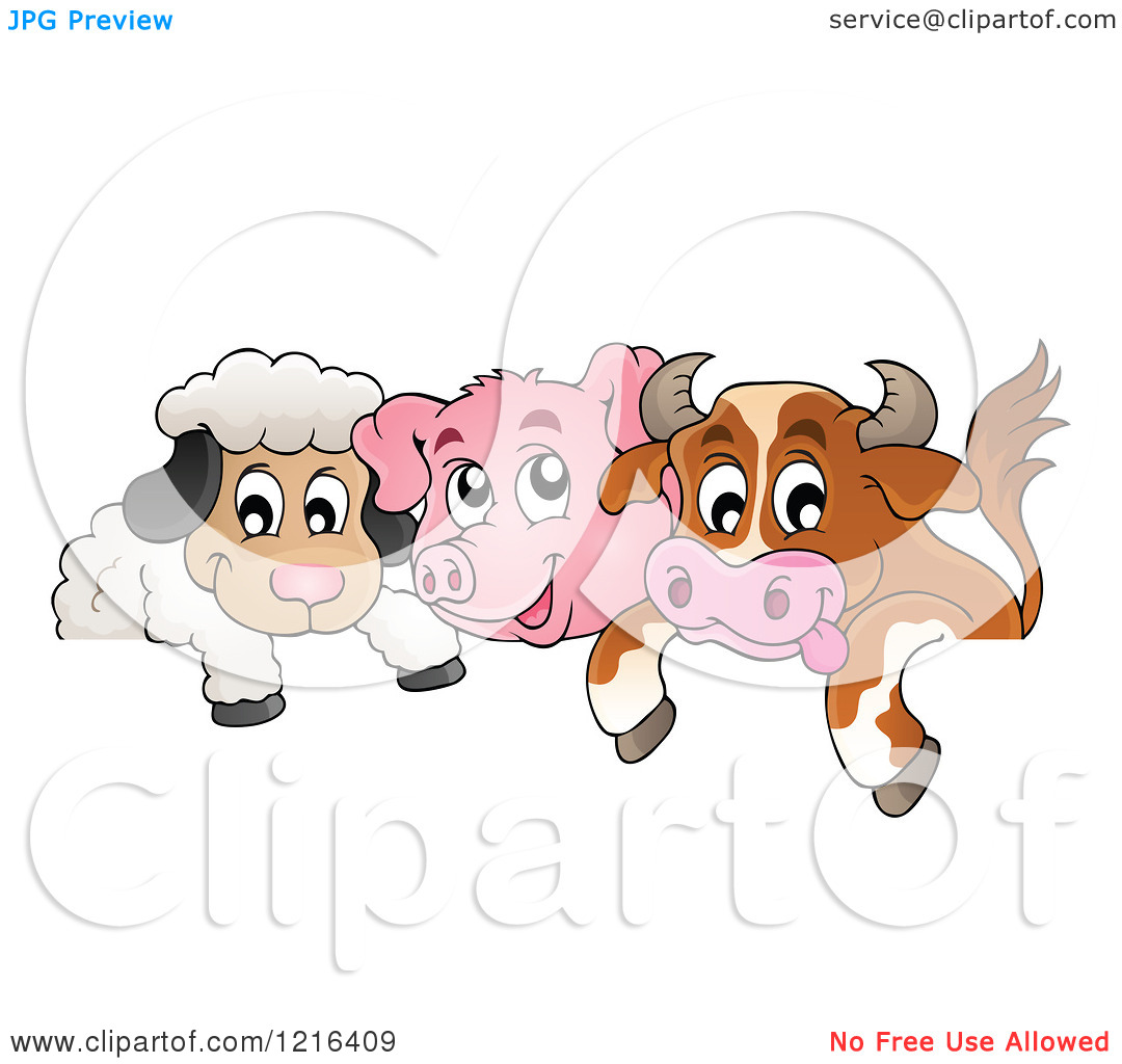 Clipart Of A Happy Cow Pig And Sheep Over A Border   Royalty Free