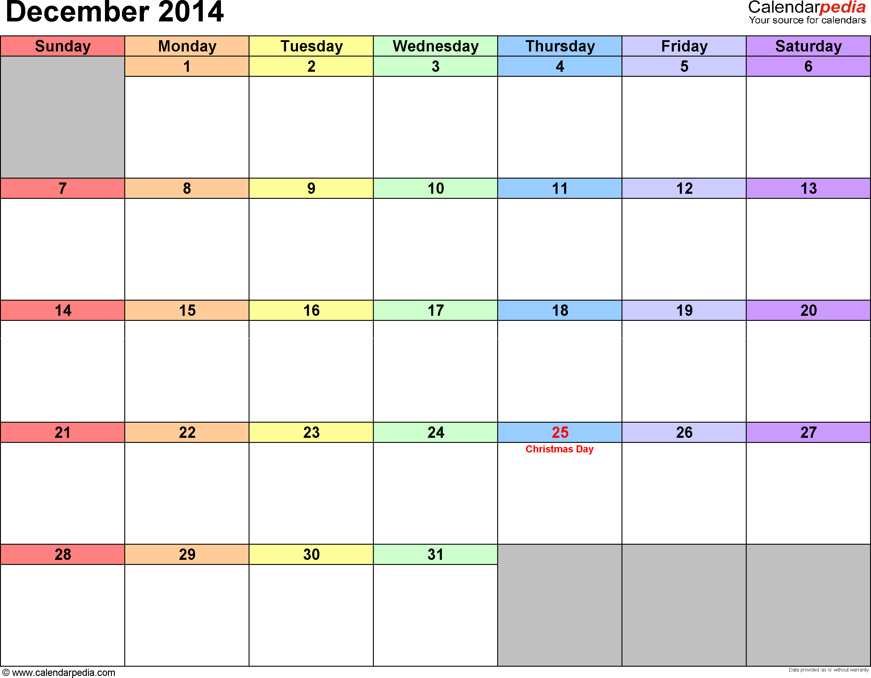 December 2014 Calendars For Word Excel   Pdf