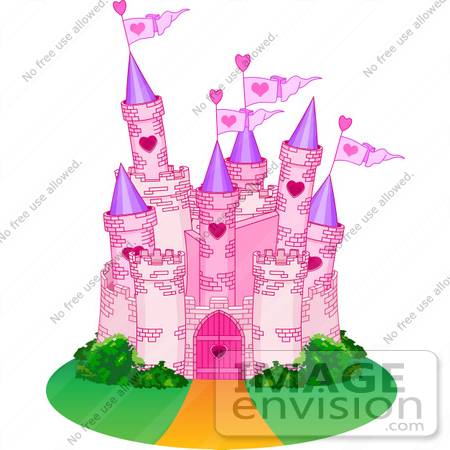 Royalty Free Fantasy Clip Art Of A Pink Stone Castle With Flags And    