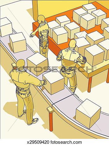 Stock Illustration   Warehouse Workers Sorting Boxes On Conveyor Belt