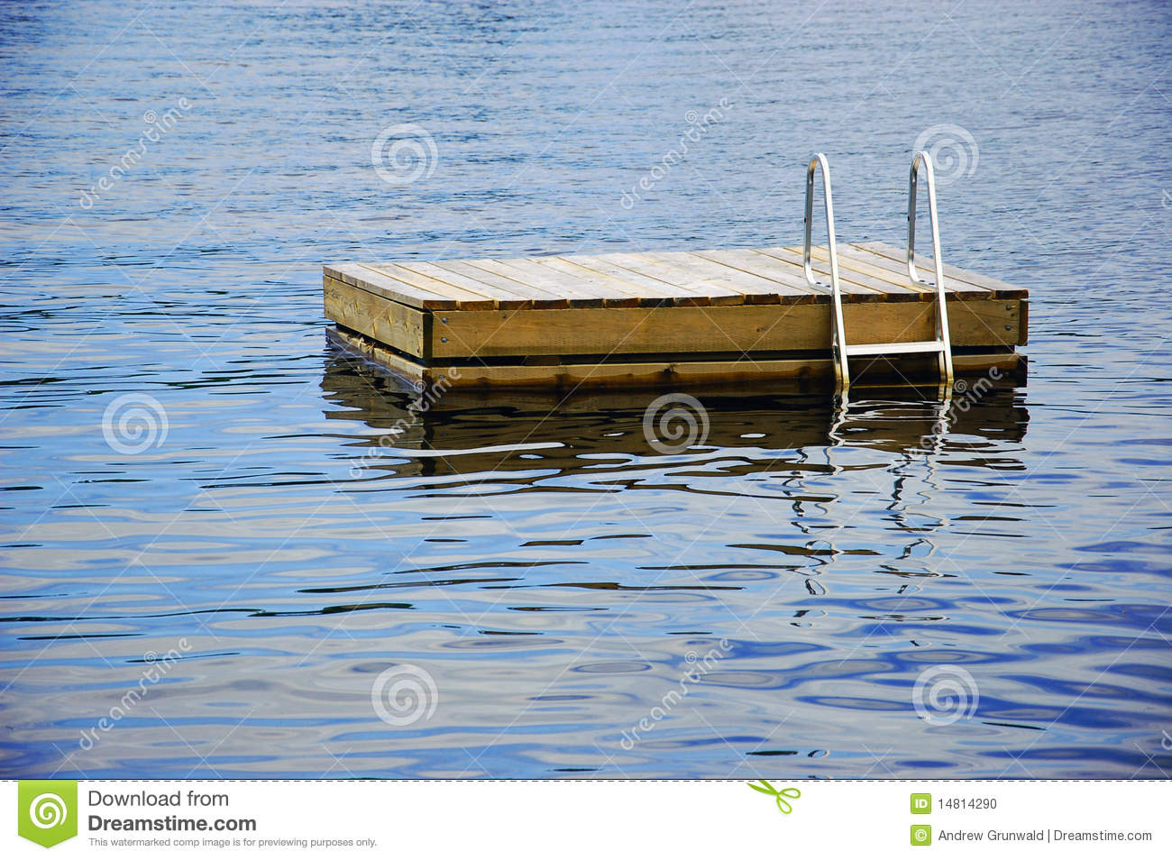 Wood Swimming Raft With A Metal Ladder Floating In A Lake 