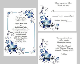 100 Personalized Custom Blue Floral Border Flowers Wedding Invitations