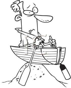 2417 3334 Black And White Cartoon Of A Man High Centered In A Row Boat