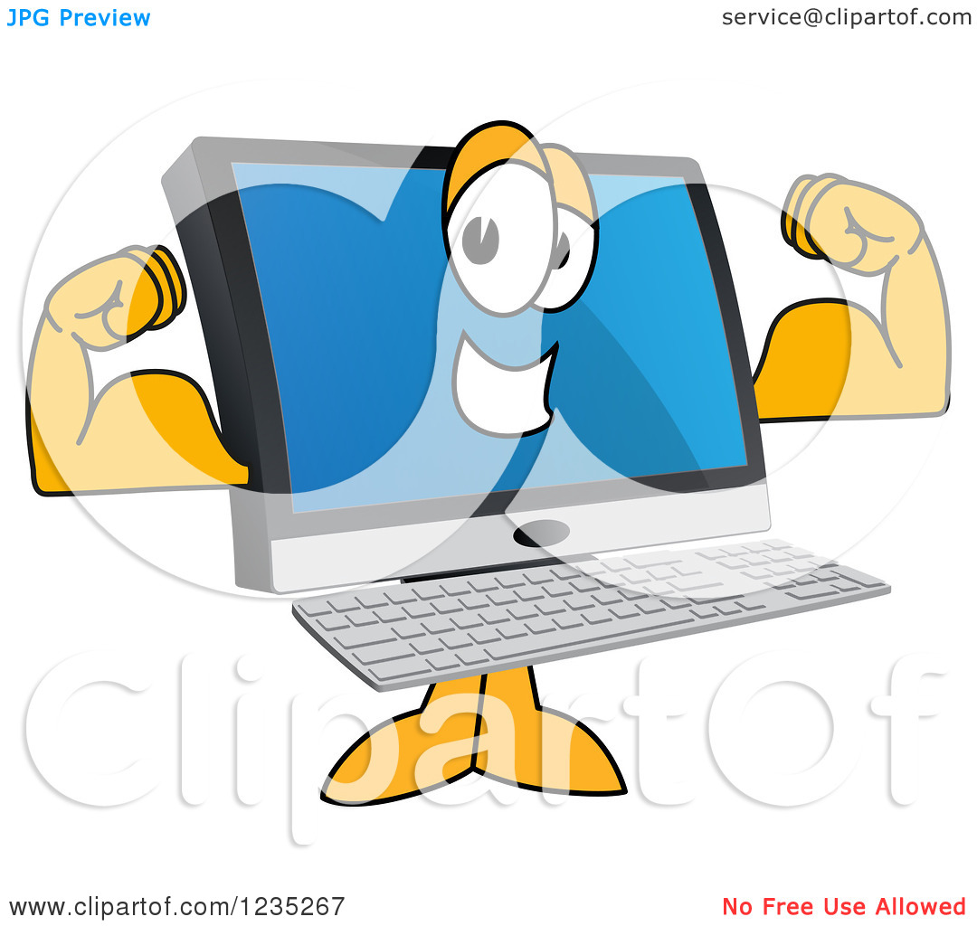 Clipart Of A Flexing Strong Pc Computer Mascot   Royalty Free Vector    