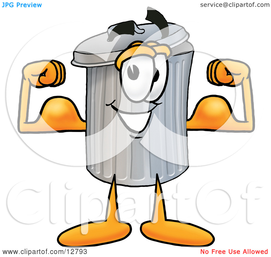 Clipart Picture Of A Garbage Can Mascot Cartoon Character Flexing His