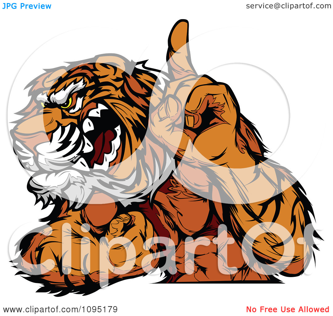 Clipart Strong Tiger Mascot Champion Flexing And Holing Up A Finger    