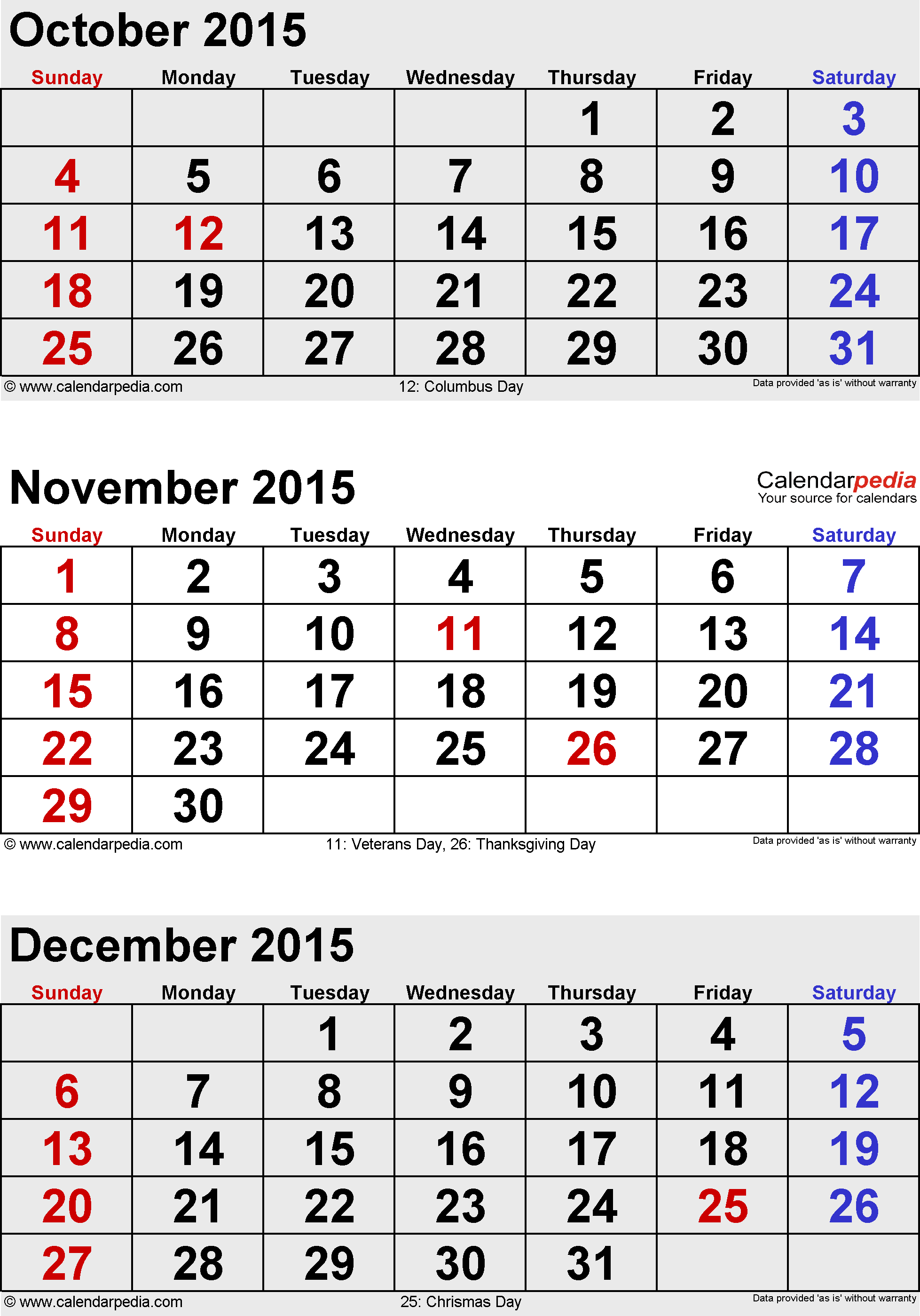 December 2015 Calendars For Word Excel   Pdf