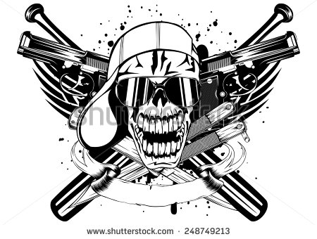 Illustration Skull In Cap Knifes Bats And Two Pistols   Stock Vector