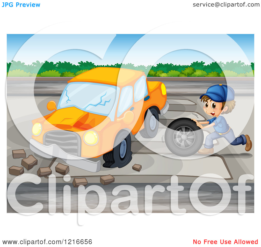  Mechanic Rolling A Tire To A Wrecked Car Royalty Free Vector Clipart    