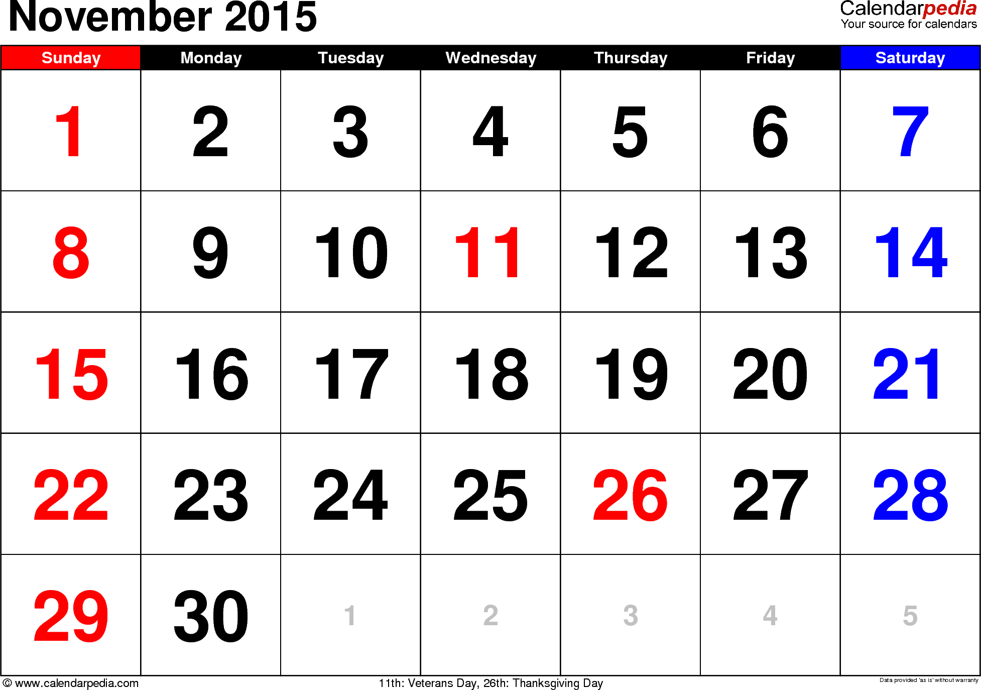 November 2015 Calendar Usa   Nov Printable Template