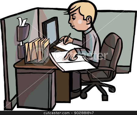 Office Worker Examines Books In Cubicle Vector Stock Vector Clipart