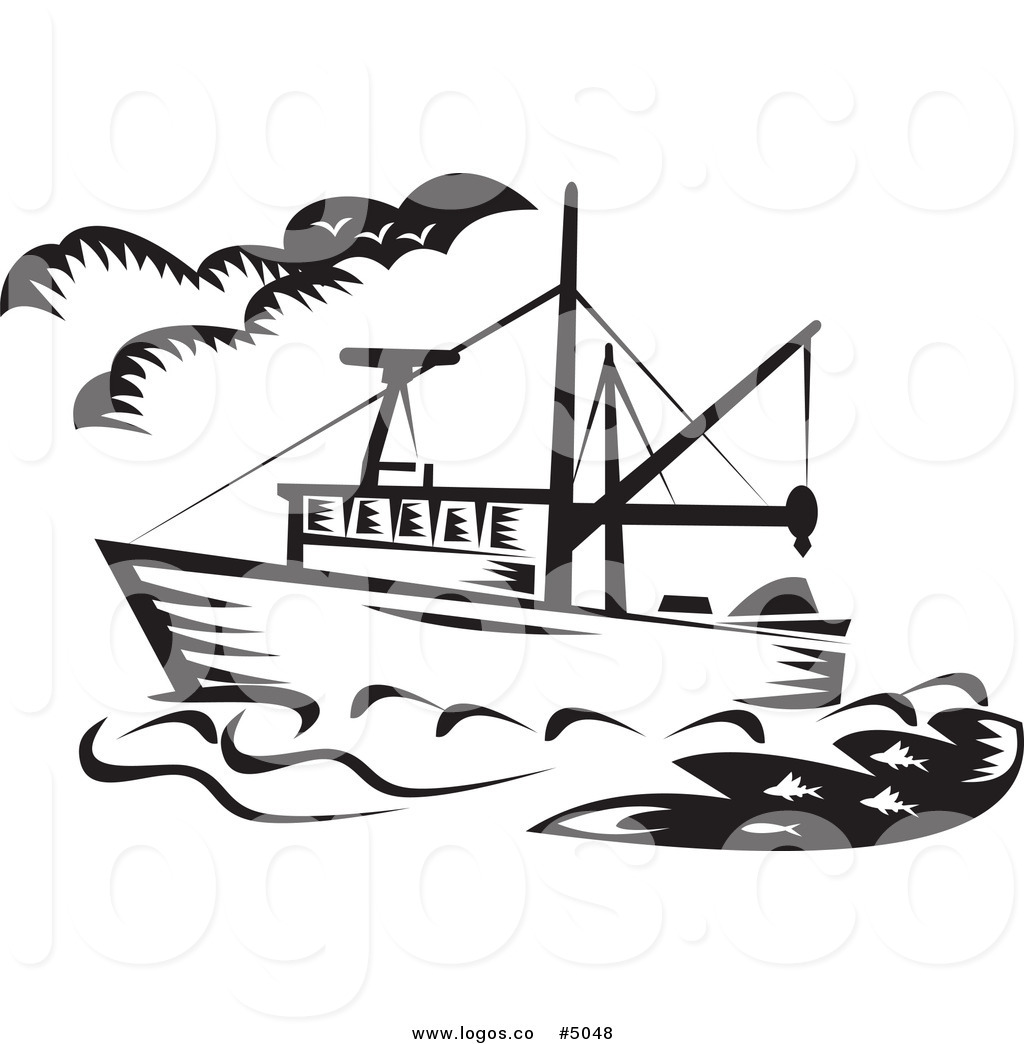 Royalty Free Vector Of A Black And White Fishing Boat Logo By