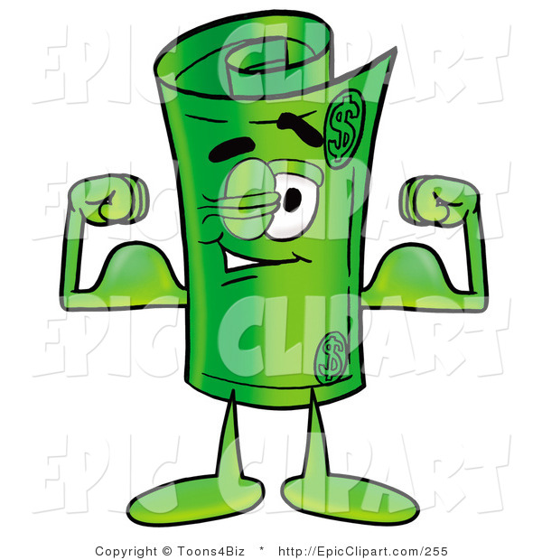 Winking Rolled Money Mascot Cartoon Character Flexing His Arm Muscles