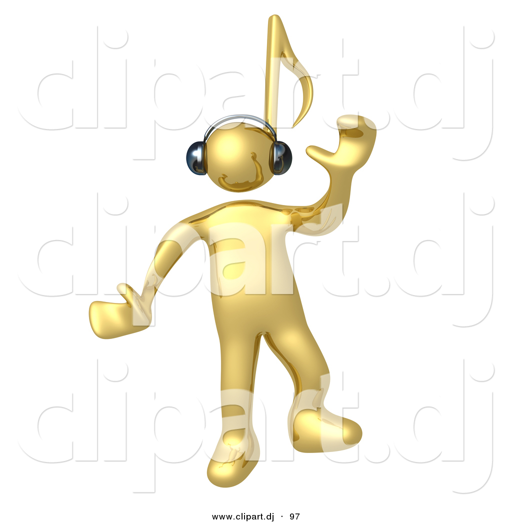 3d Cartoon Clipart Of A Happy Gold Man With A Music Note Head Dancing
