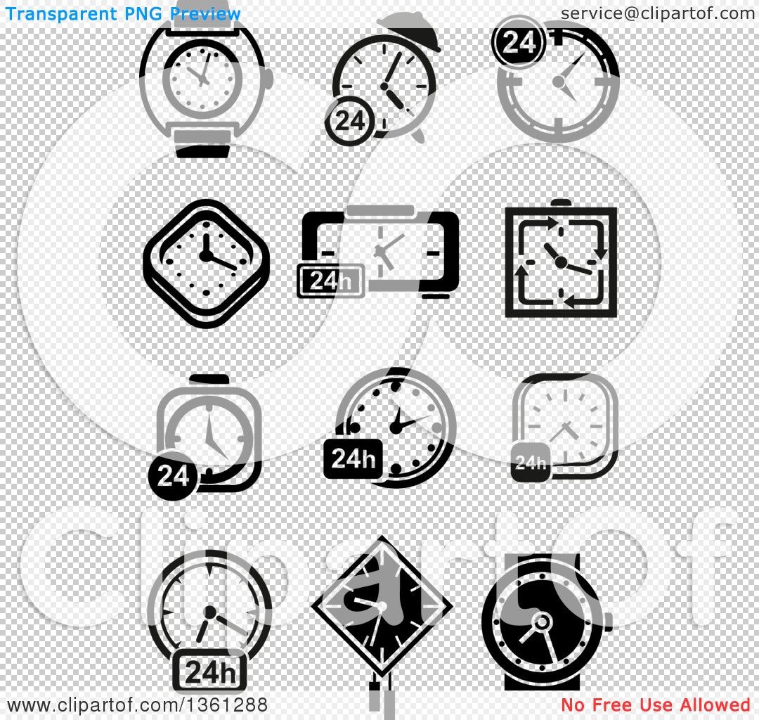 Clipart Of Black And White Watch Clock And 24 Hour Designs   Royalty