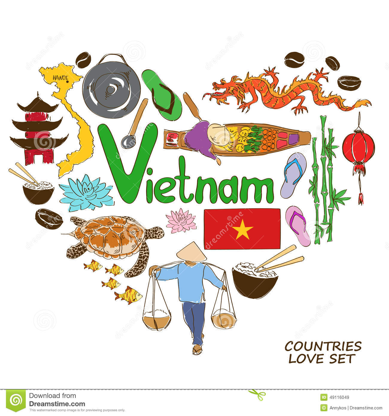 Colorful Sketch Collection Of Vietnamese Symbols  Heart Shape Concept
