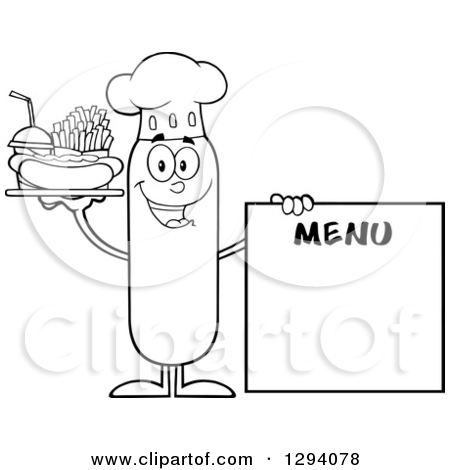Cartoon Black And White Happy Sausage Chef Character With A     By Hit    