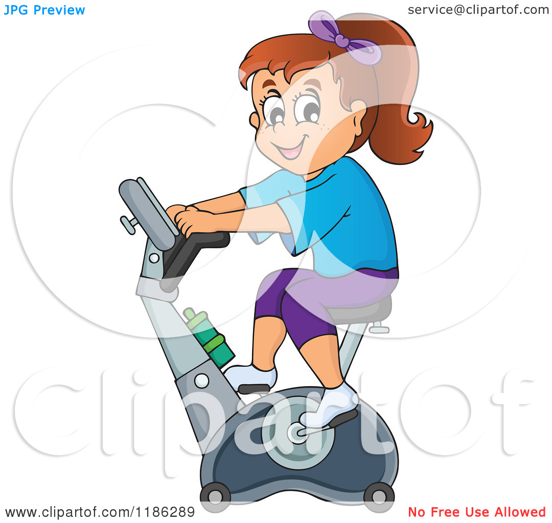 Cartoon Of A Happy Girl Riding An Upright Spin Bike At The Gym