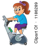 Cartoon Of A Happy Girl Riding An Upright Spin Bike At The Gym Royalty