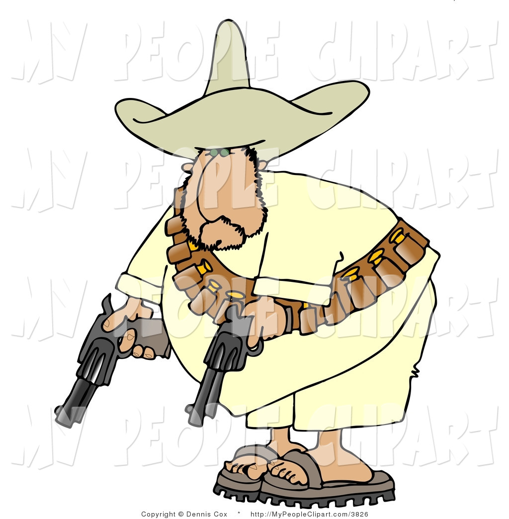 Larger Preview  Clip Art Of A Hispanic Bandit Pointing His Pistols
