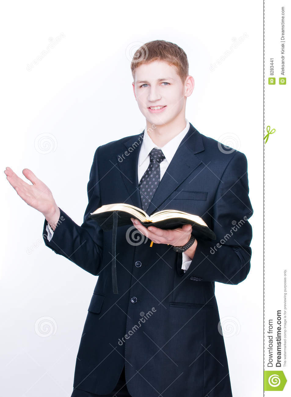 Young Man Reading Bible Isolated On White Background