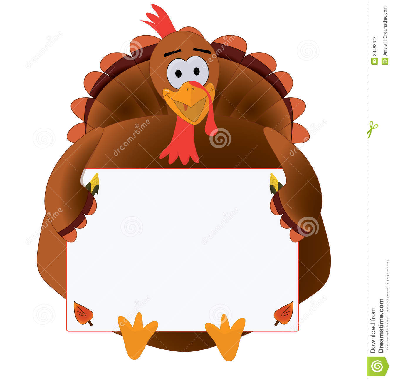 An Happy Cartoon Turkey Holding Blank Placecard  Copy Space Isolated