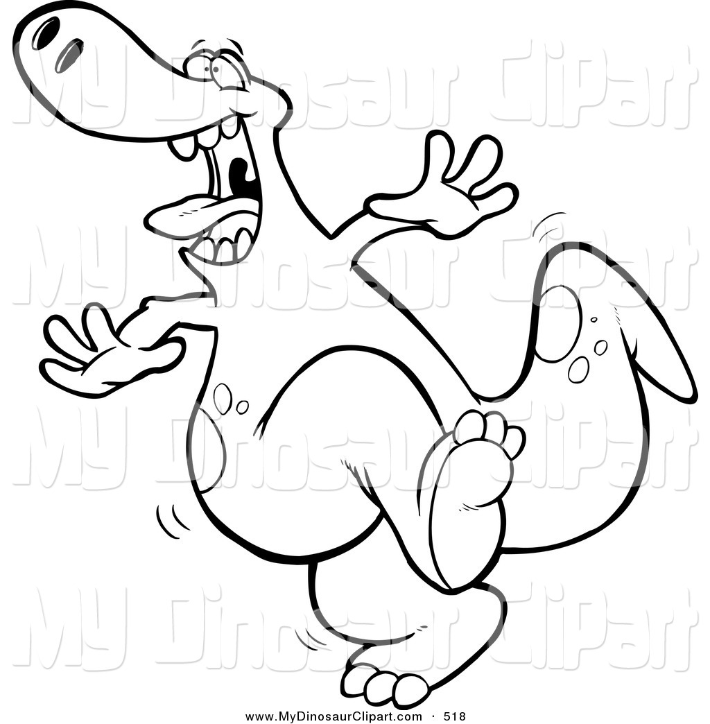 Cartoon Black And White Outline Design Of A Dancing Dinosaur On White