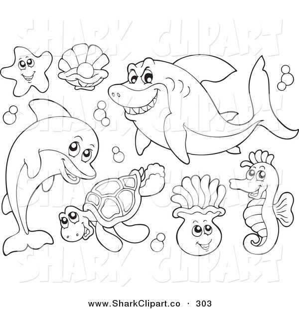 Clip Art Of A Digital Collage Of Coloring Page Outlines Of Sea    