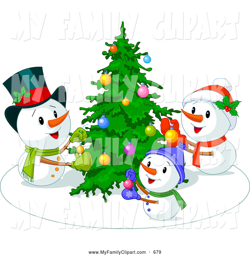 Clip Art Of A Snowman Family Trimming Their Christmas Tree By Pushkin