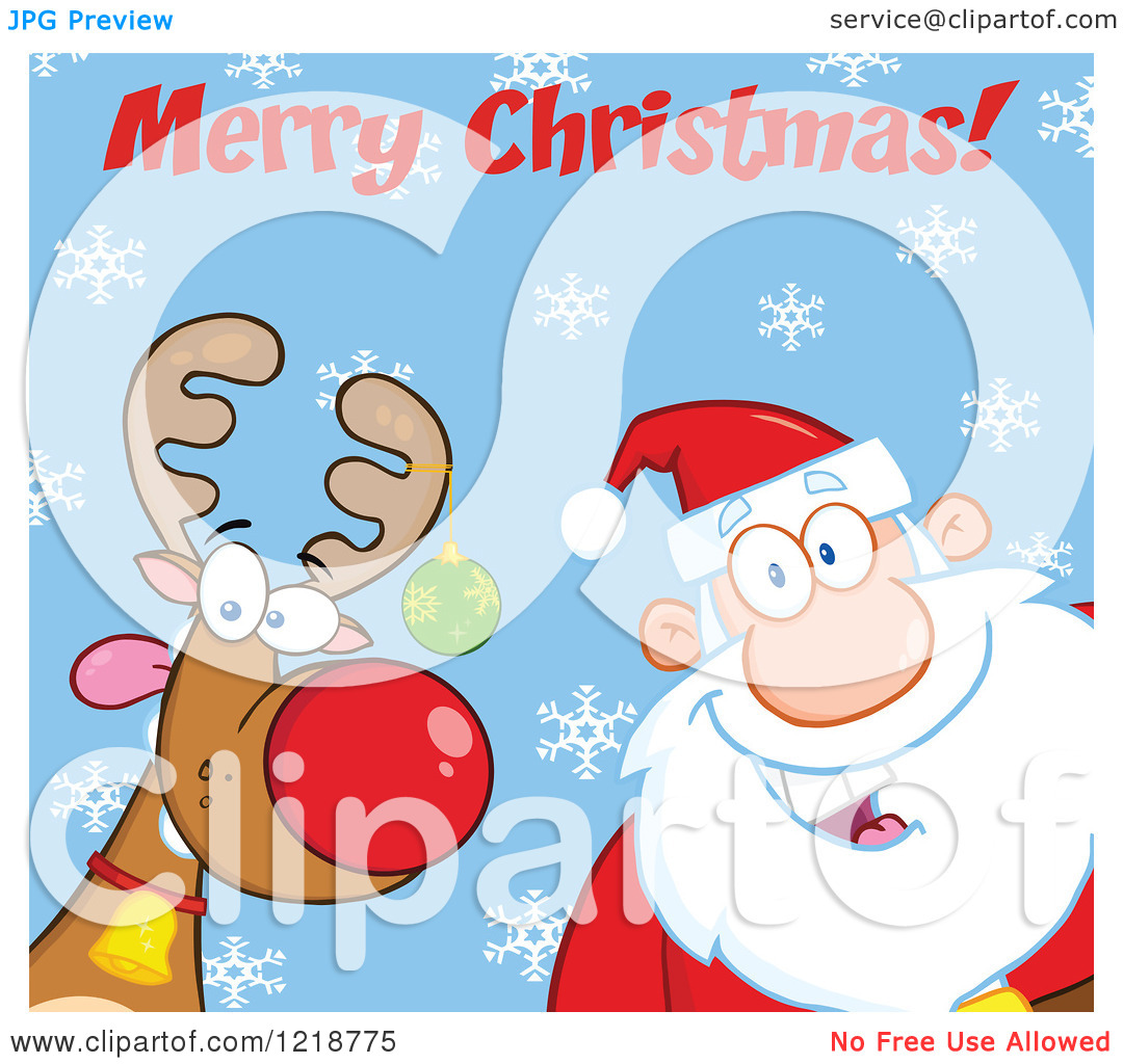 Clipart Of Merry Christmas Text Over Santa Claus And A Goofy Reindeer