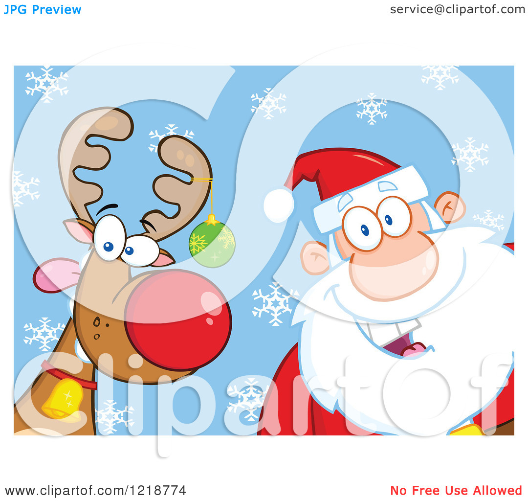Clipart Of Santa Claus And A Goofy Reindeer Over Blue With Snowflakes