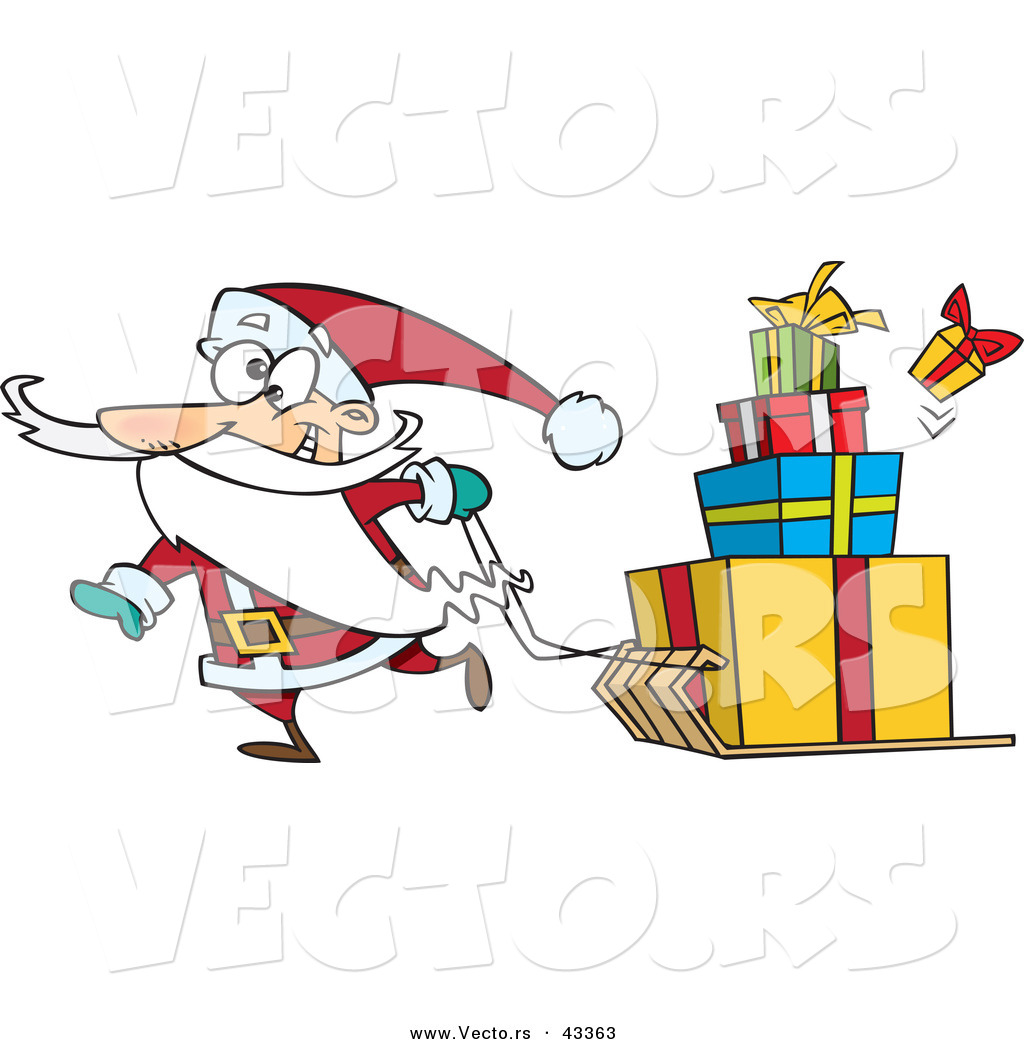 Goofy Cartoon Santa Pulling Christmas Gifts On A Sled Cartoon Santa