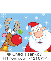 Santa Claus And A Goofy Reindeer Over Blue With Snowflakes  1218774