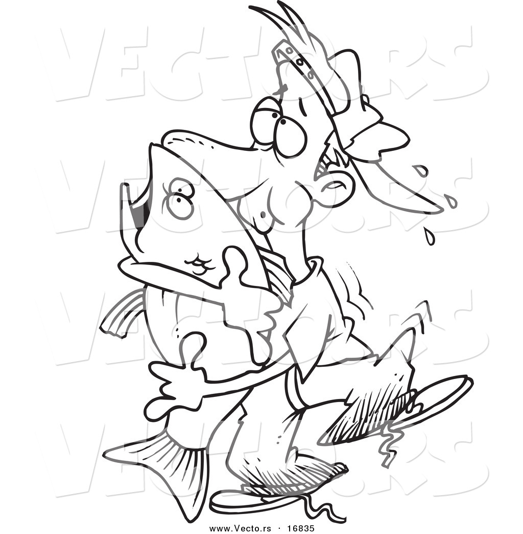 Vector Of A Cartoon Man Hugging A Bass Fish   Coloring Page Outline By