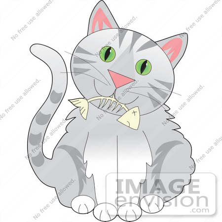 Clip Art Graphic Of A Gray Striped Cat With Big Green Eyes Holding A    