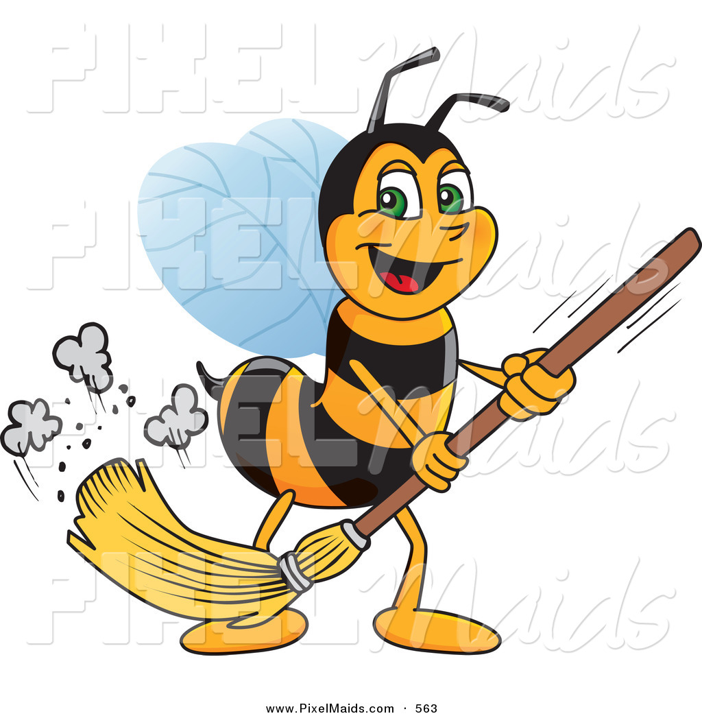 Clipart Of A Worker Bee Character Mascot Sweeping The Floor By    