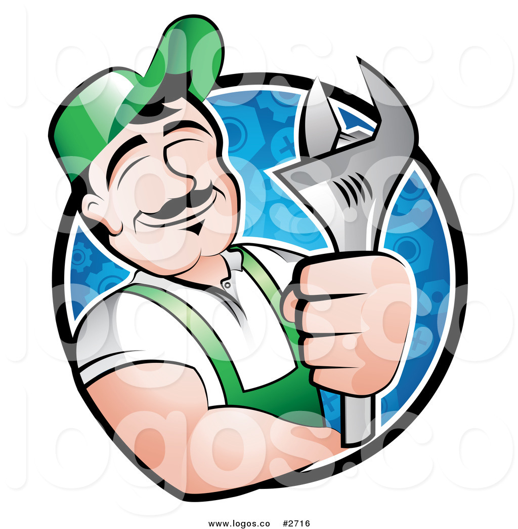 Of A Circle Holding A Wrench And Smiling Over A Blue Background Logo