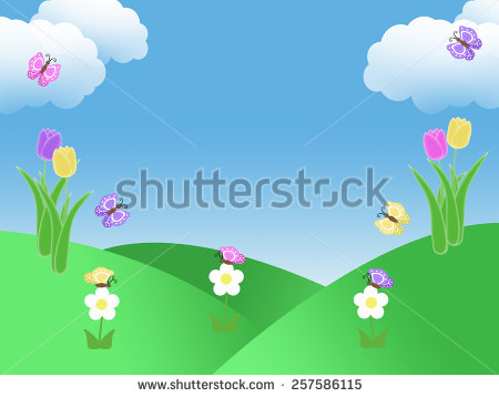 Spring Garden Background With Tulips Butterflies Blue Sky Green Grass