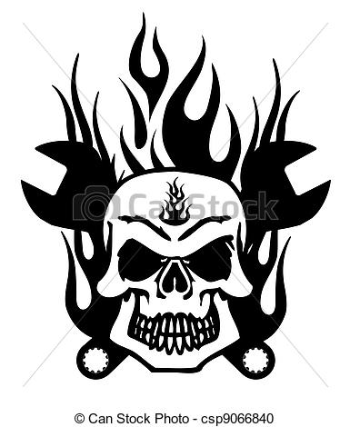 Stock Illustration Of Skull With Mechanics Wrench And Flames   Bikers