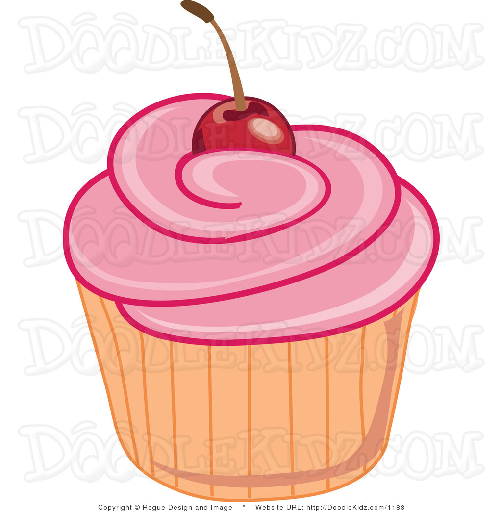 Art Illustration Of A Cupcake With Pink Swirled Frosting And A Cherry