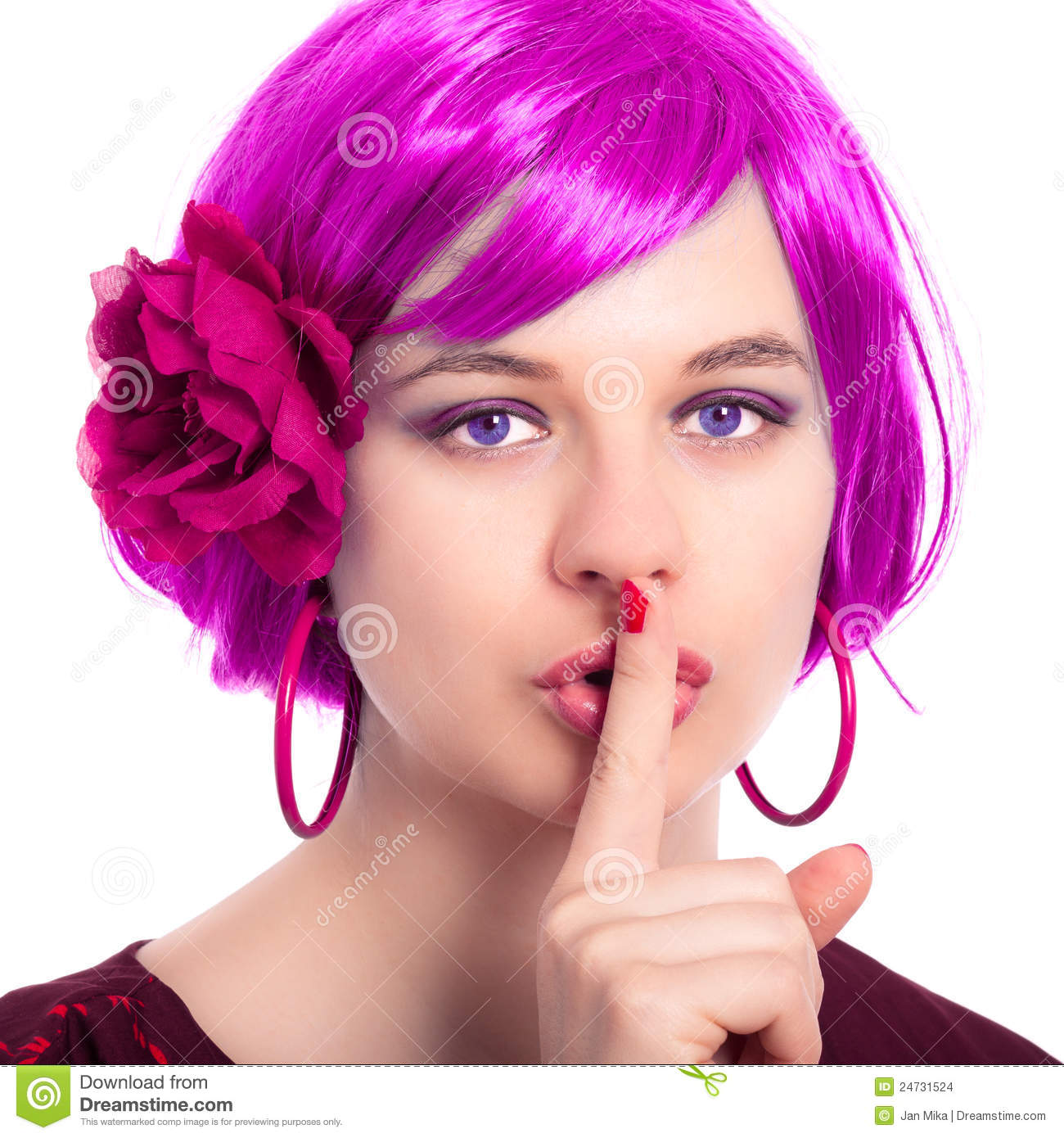 Beautiful Woman In Pink Wig Gesturing Silence Stock Images   Image    
