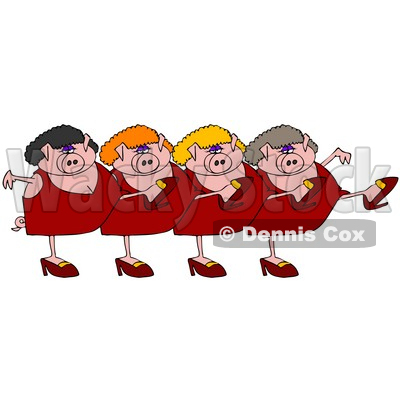 Clipart Illustration Of Four Pink Lady Pigs In Dresses Heels And Wigs