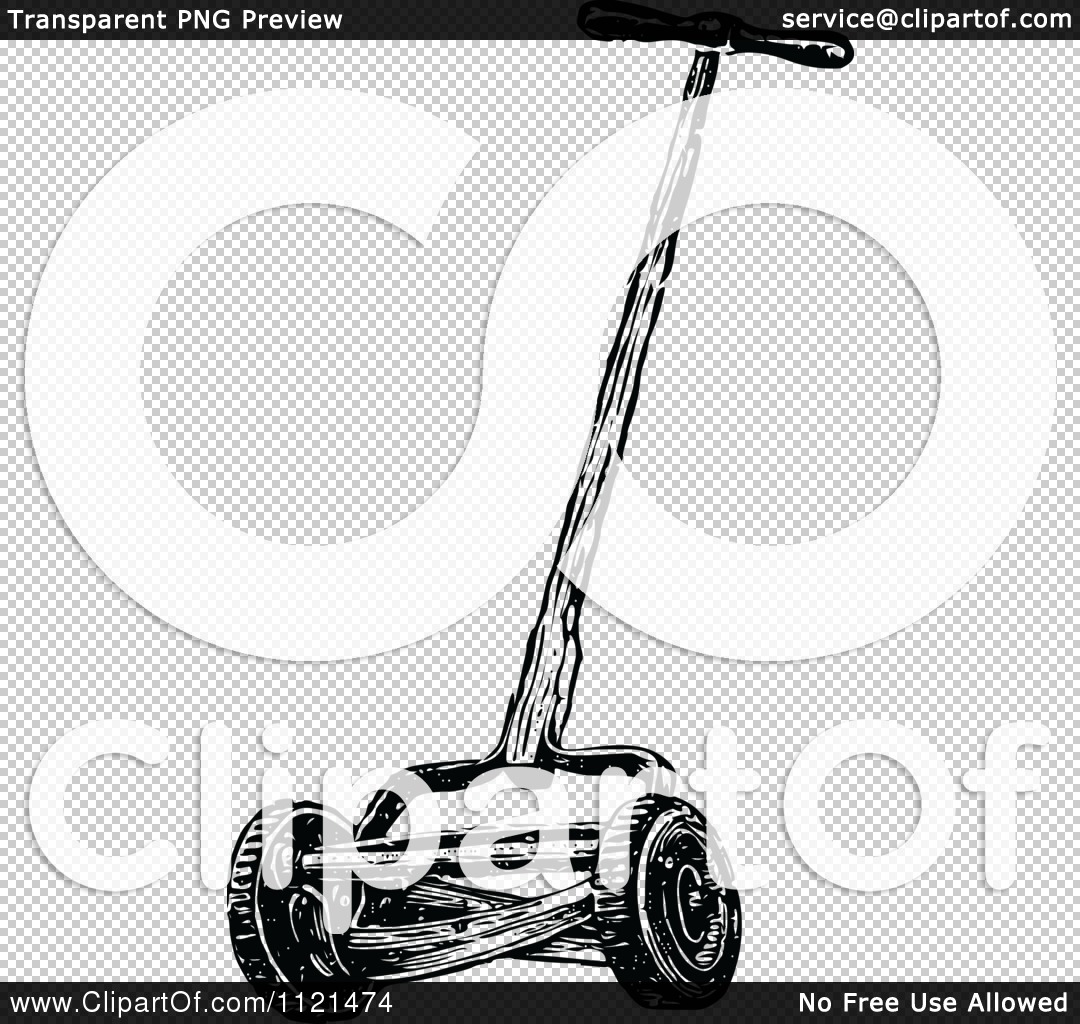 Clipart Of A Retro Vintage Black And White Cylinder Lawn Mower    