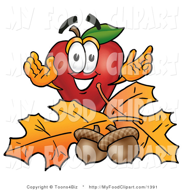 Food Clip Art Of A Grinning Red Apple Character Mascot With Acorns And