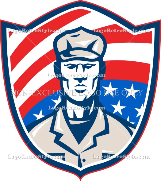 Logo American Soldier Serviceman With Stars And Stripes Falg Shield    